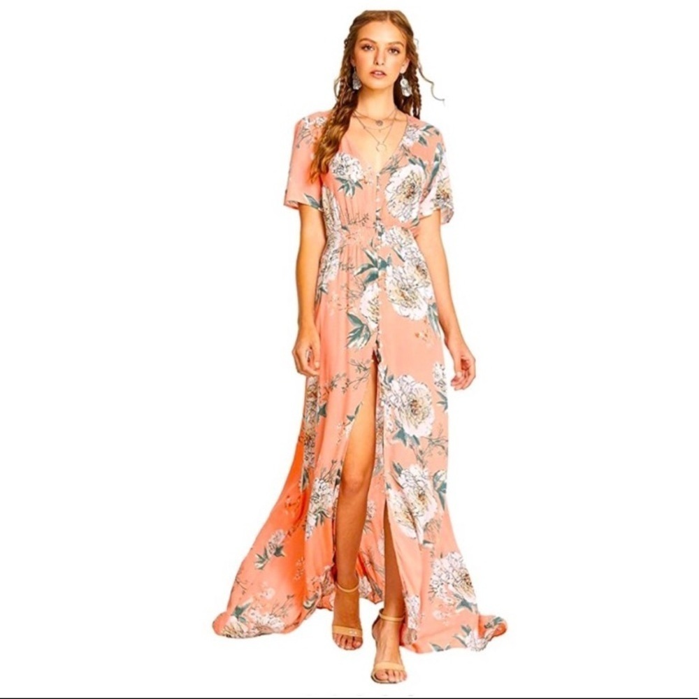 Milumia Coral Button Up Split Floral Print Maxi Dress Size XS